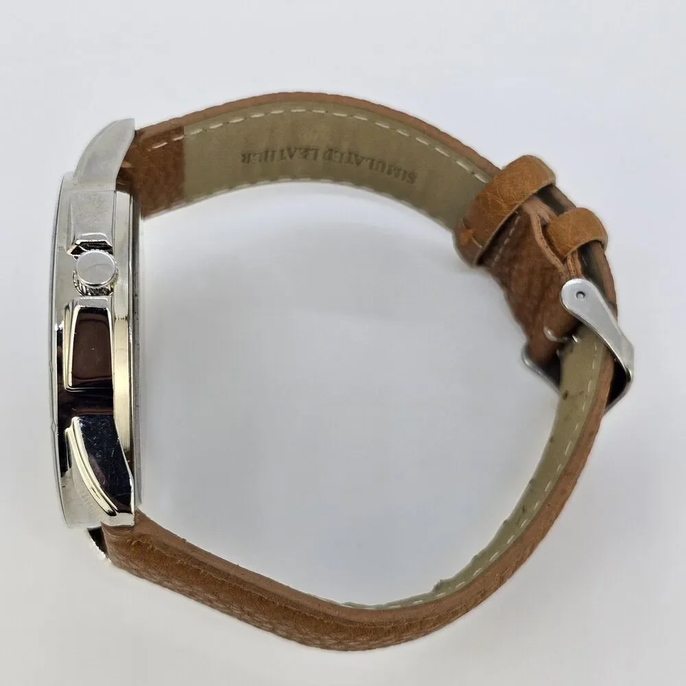 Men's Watch 47MM‎ Blue Dial Brown Faux Leather Bands New Battery